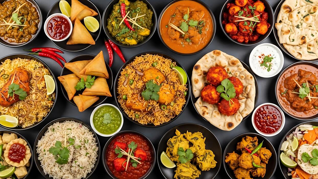 An overhead spread of North Indian dishes in black bowls: biryani, butter chicken, chicken tikka on naan, samosas, pakoras, raita and chutneys.