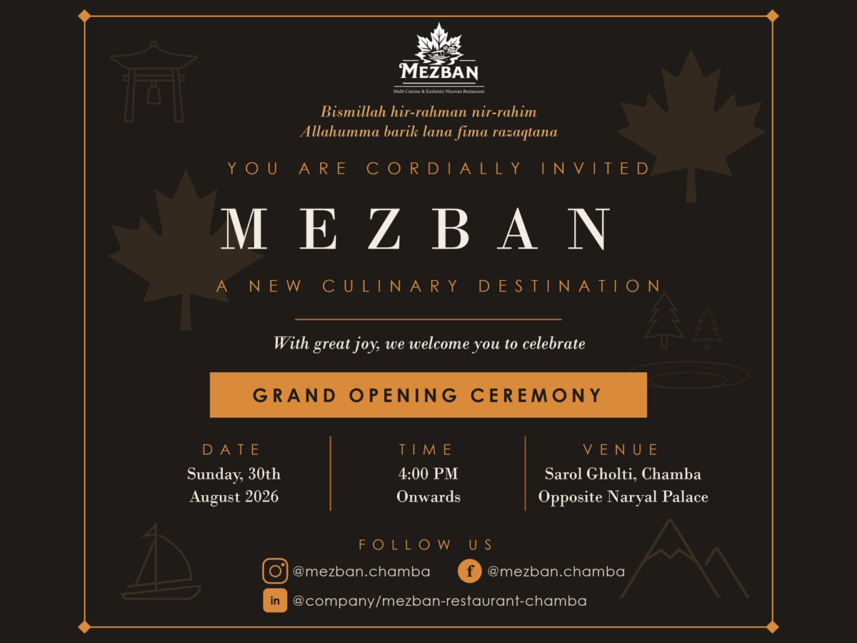 Invitation card for Mezban's grand opening ceremony on Sunday 30 August 2026 at 4 PM, at Sarol Gholti, Chamba, opposite Naryal Palace.